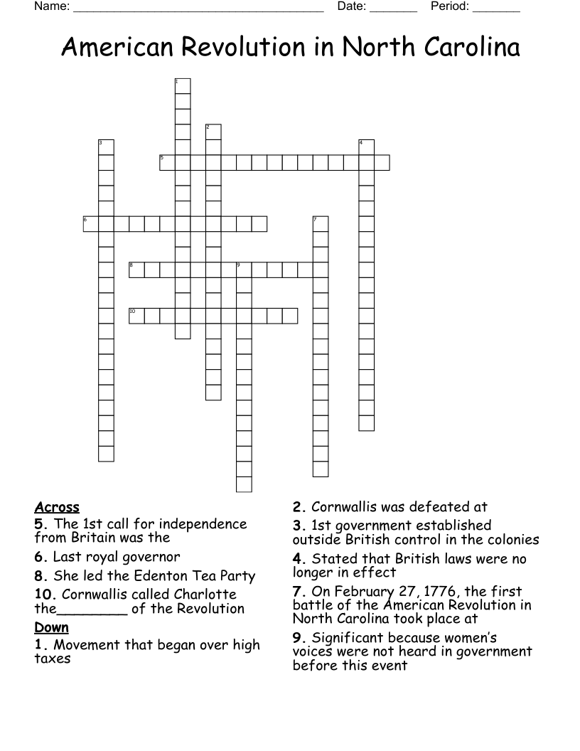 American Revolution in North Carolina Crossword
