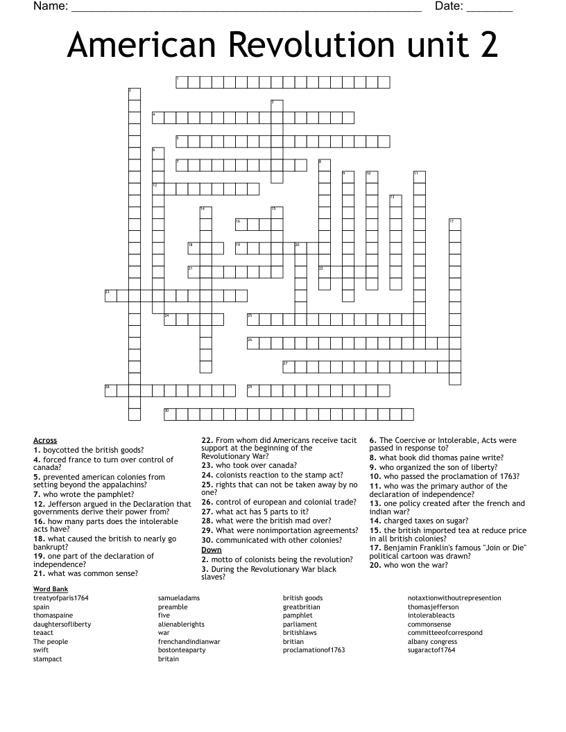 American Revolution unit 2 Crossword