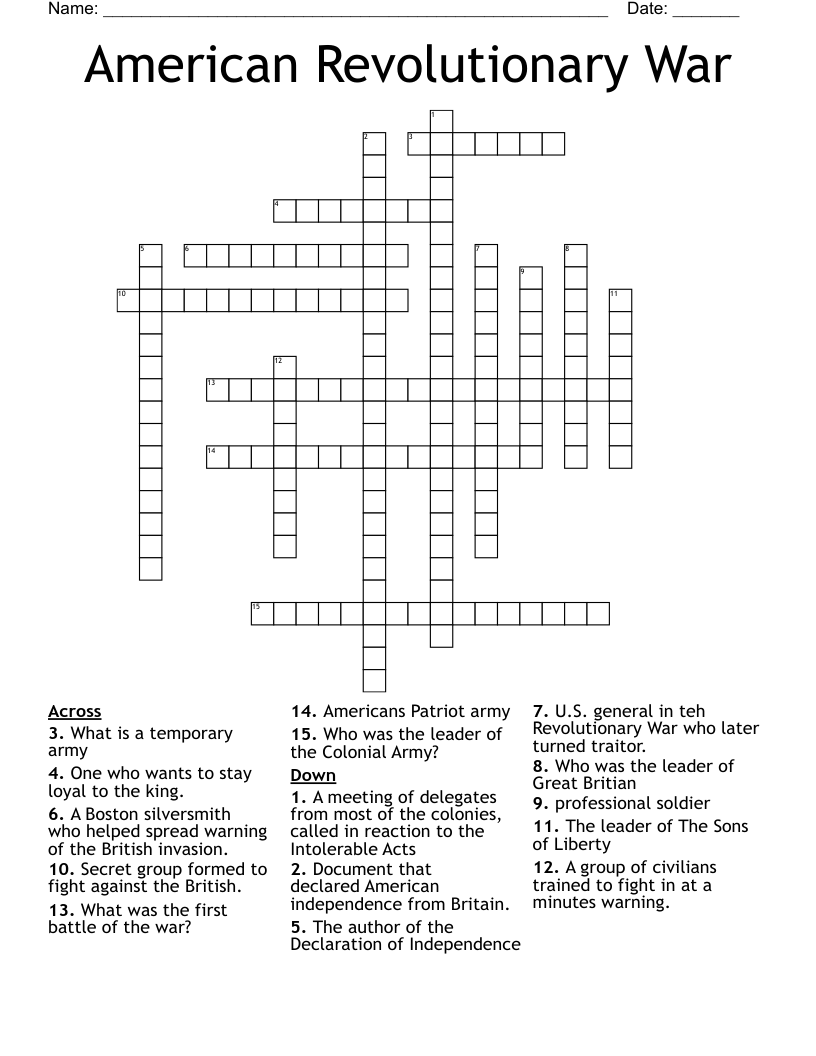 American Revolutionary War Crossword