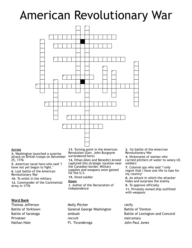 American Revolutionary War Crossword