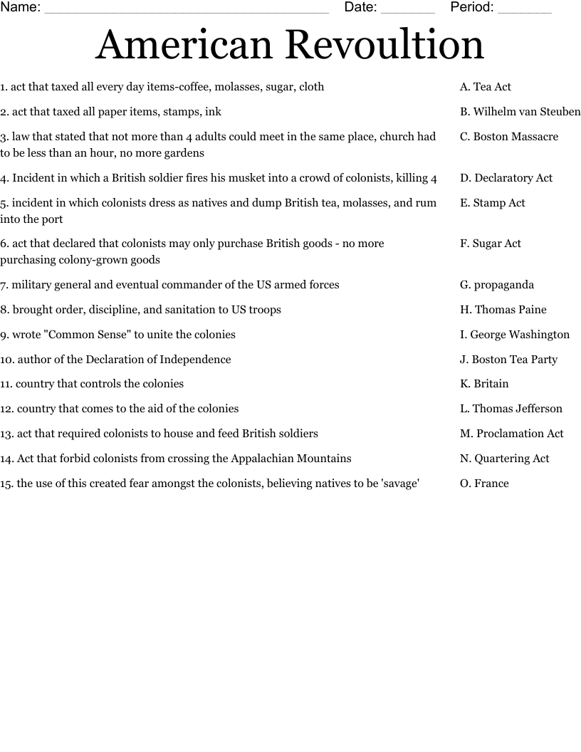 American Revoultion Worksheet