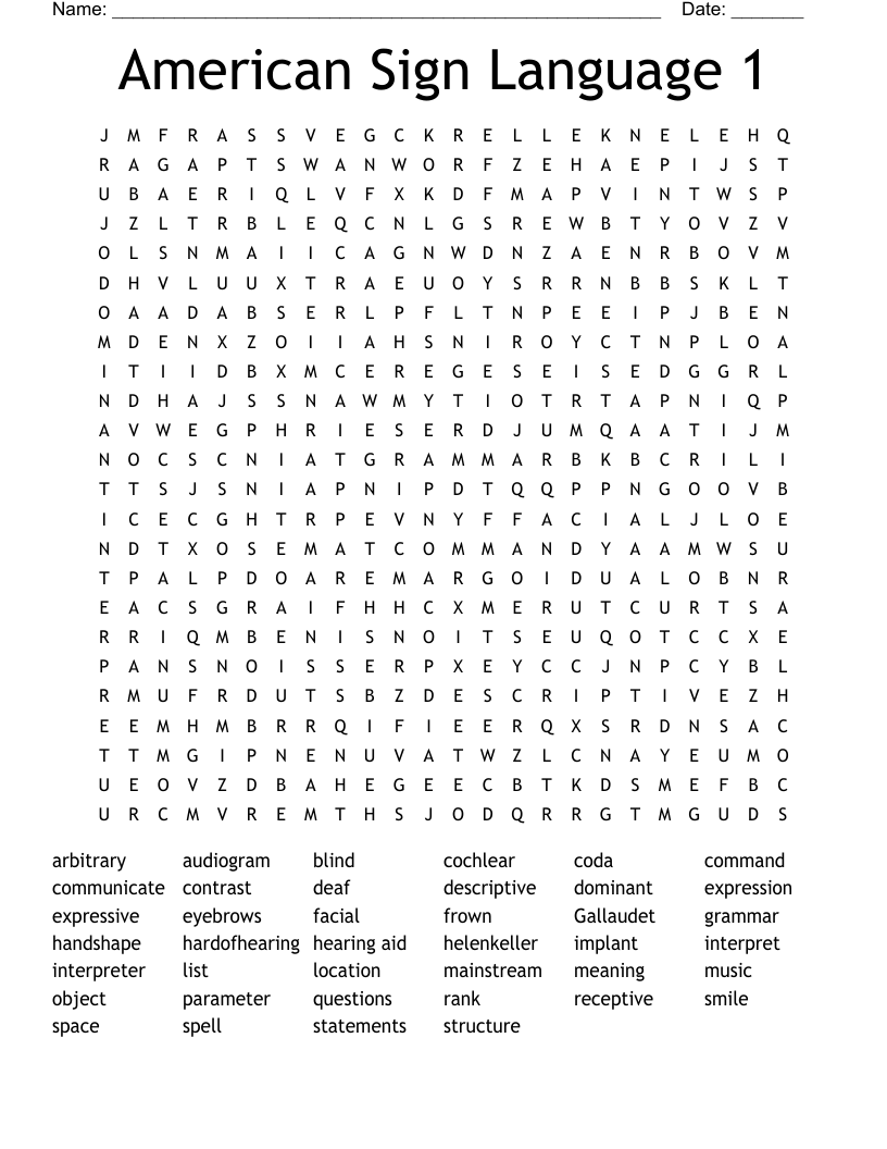 American Sign Language 1 Word Search