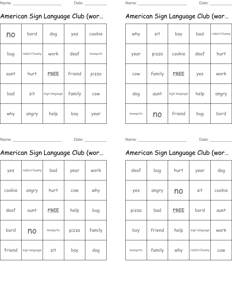 American Sign Language Club (work sheet) Bingo Cards
