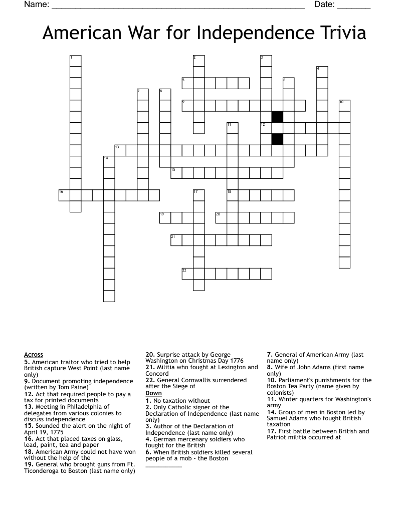 American War for Independence Trivia Crossword
