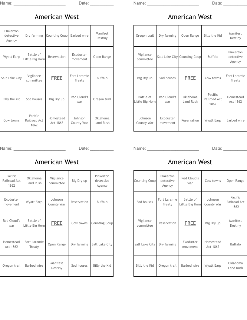 American West Bingo Cards