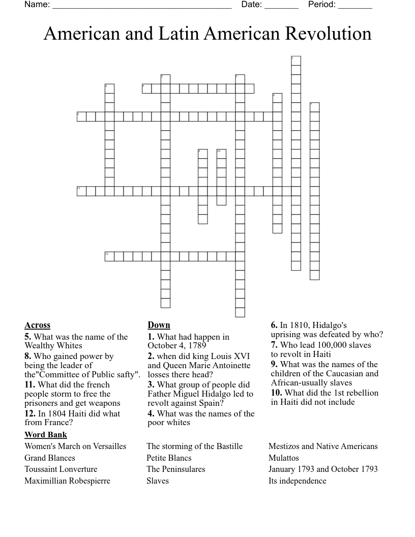 American and Latin American Revolution Crossword