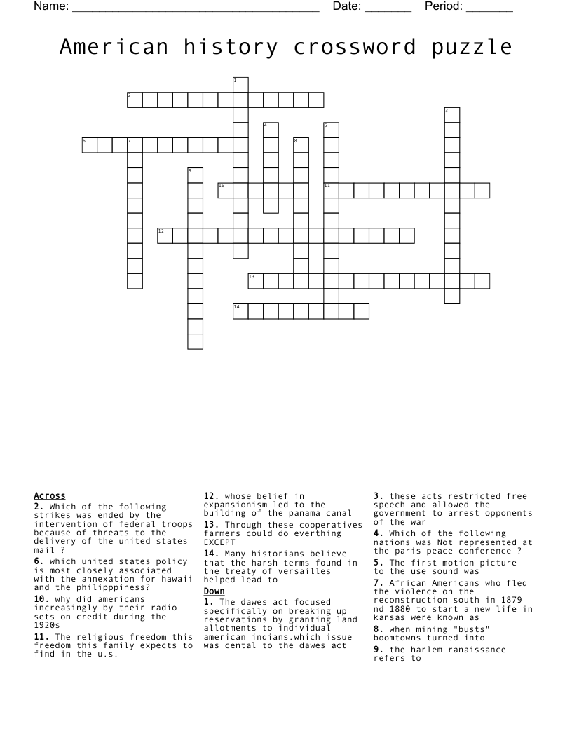 American history crossword puzzle