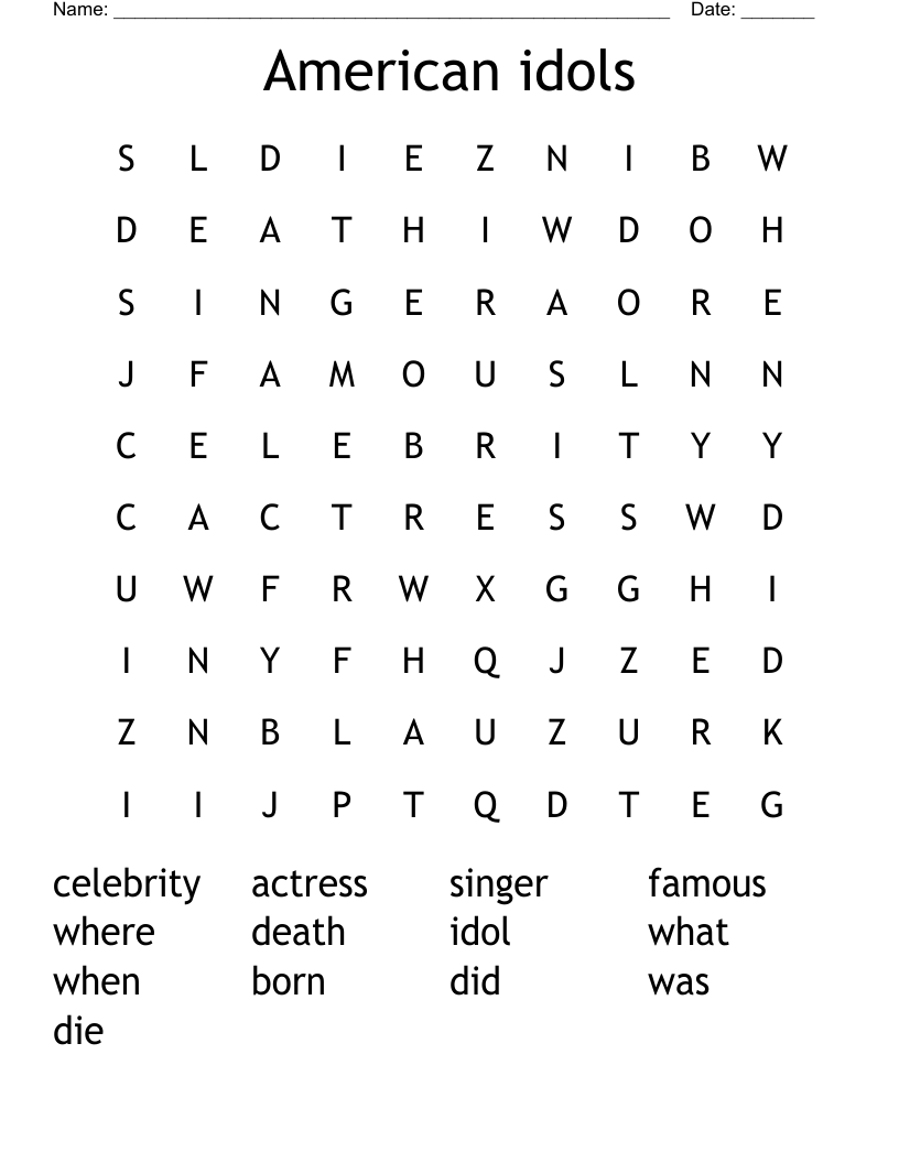American idols Word Search