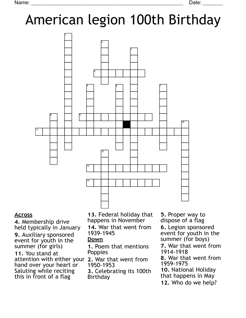 American legion 100th Birthday Crossword