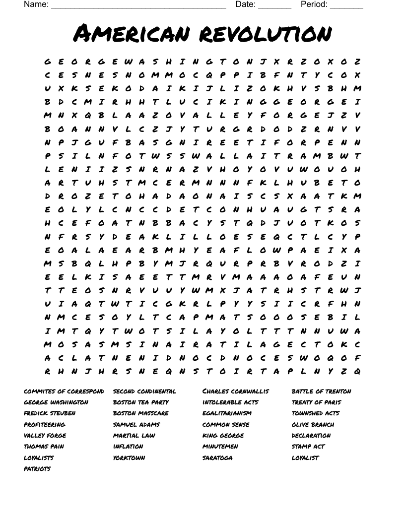 American revolution Word Search