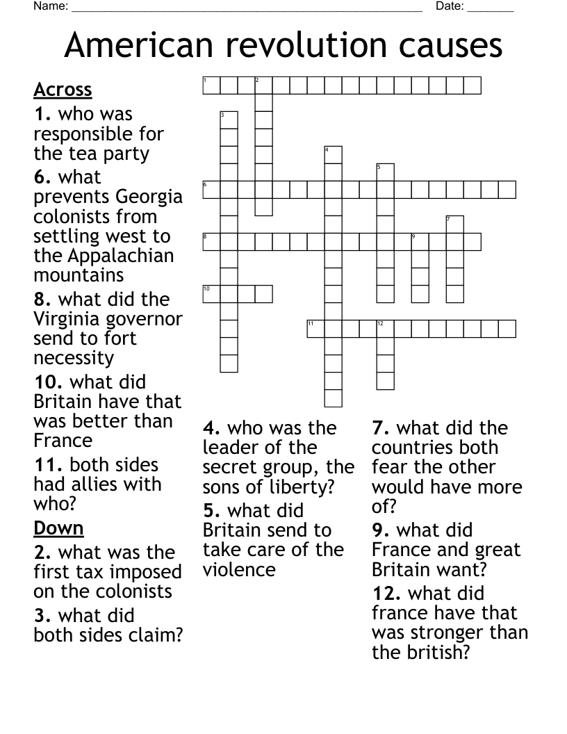 American revolution causes  Crossword