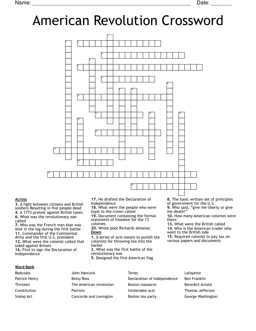 American Revolution  Crossword  