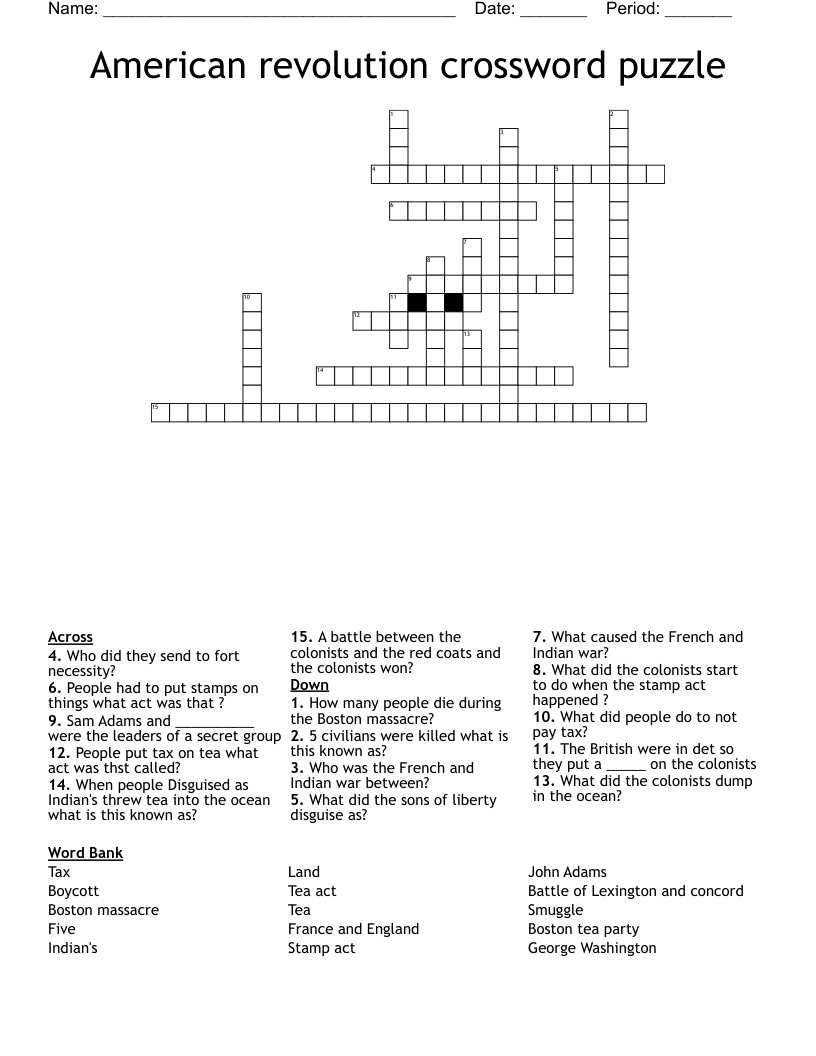 American revolution crossword puzzle 