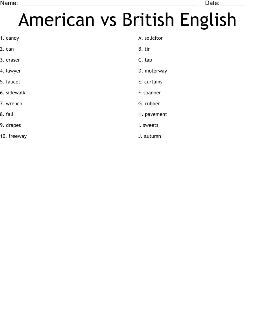 American vs British English Worksheet