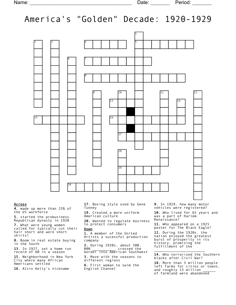 America's "Golden" Decade: 1920-1929 Crossword