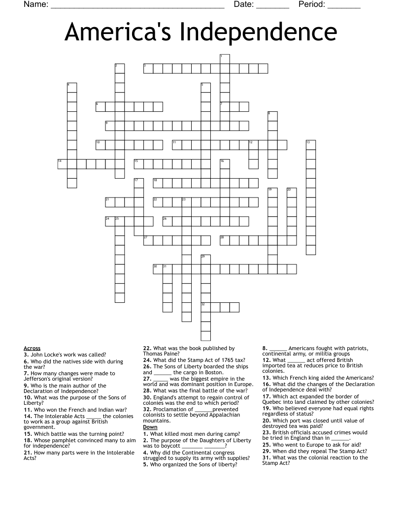 America's Independence Crossword