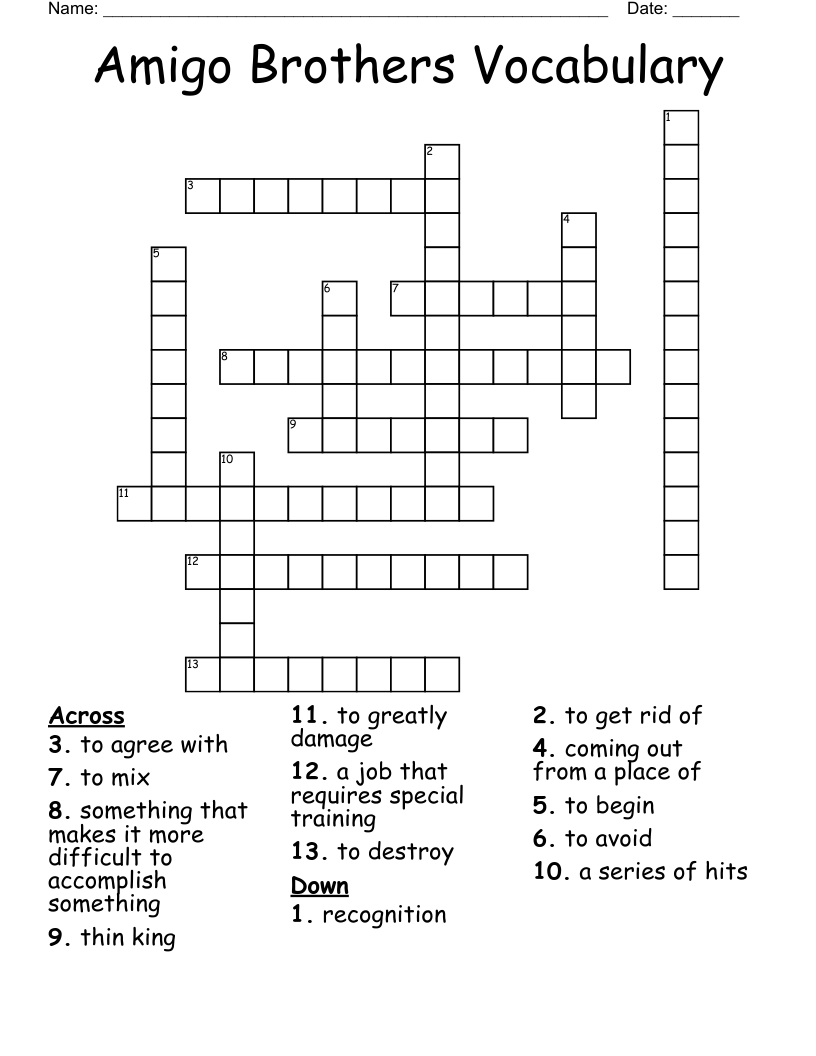 Amigo Brothers Vocabulary  Crossword