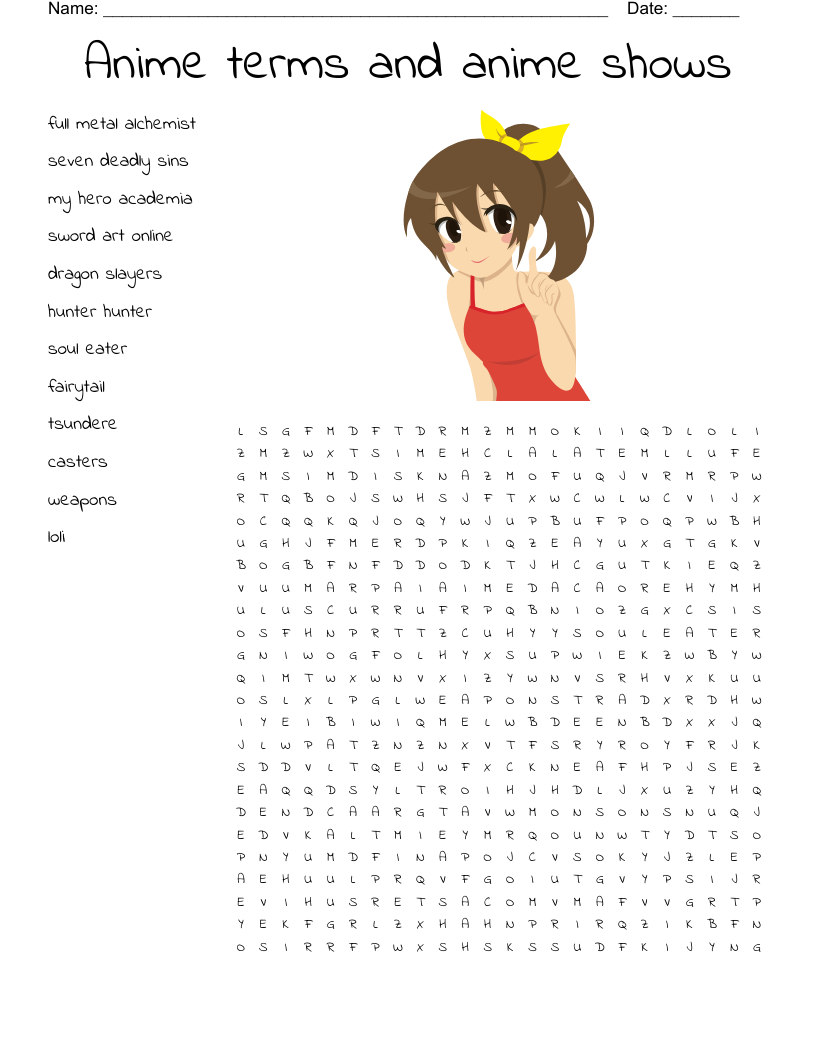 Anime terms and anime shows Word Search
