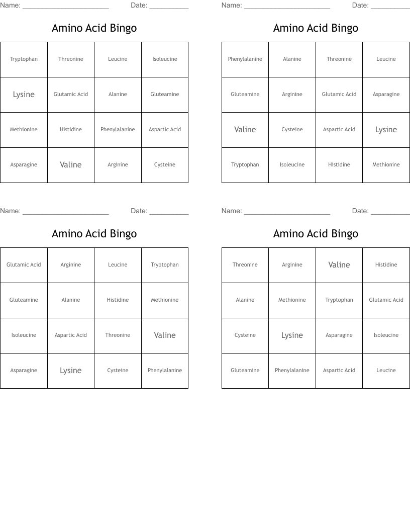 Amino Acid Bingo