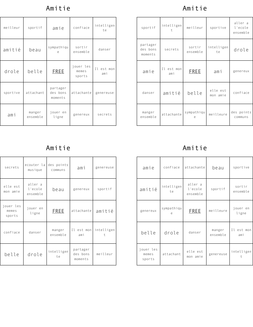 Amitie  Bingo Cards