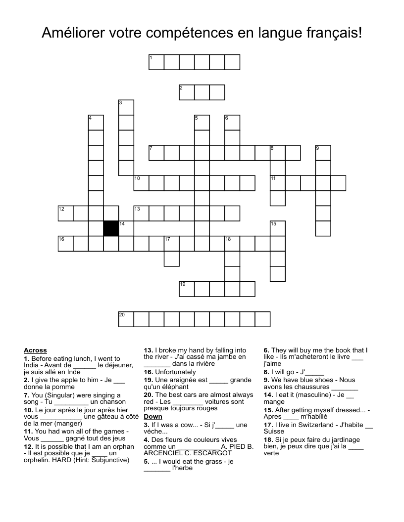 Améliorer votre compétences en langue français! Crossword