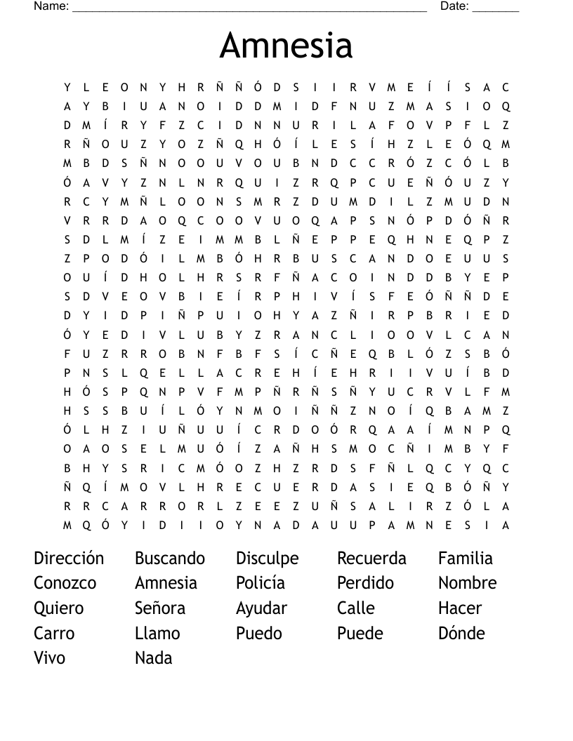 Amnesia Word Search