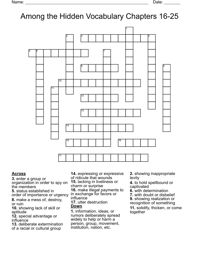 Among the Hidden Vocabulary Chapters 16-25 Crossword