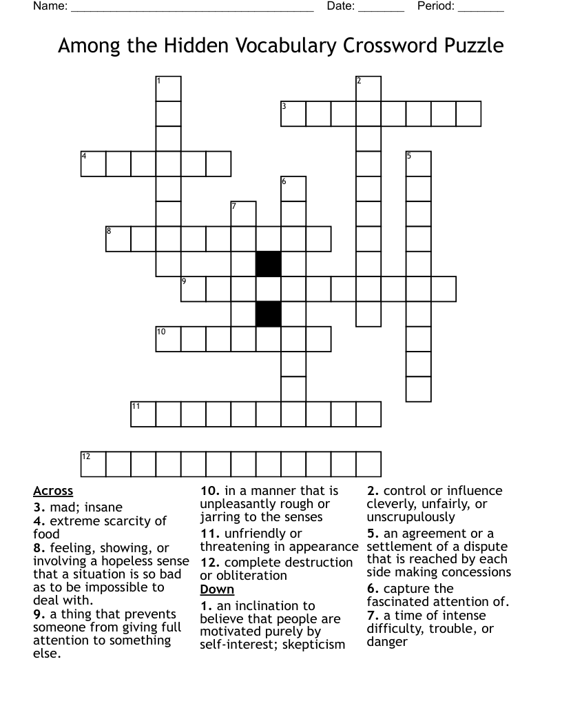 Among the Hidden Vocabulary Crossword Puzzle