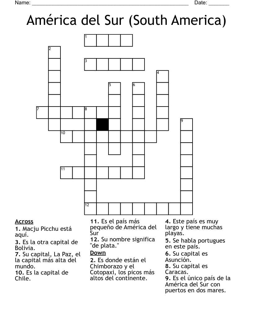 América del Sur (South America) Crossword