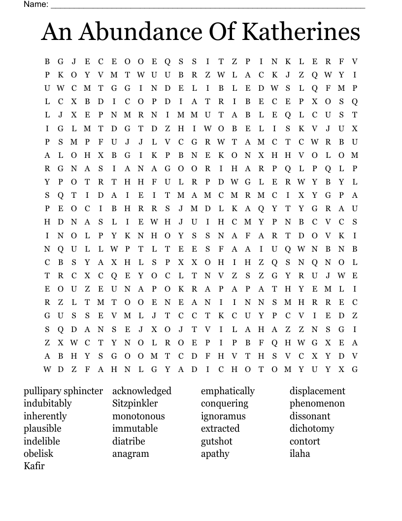 An Abundance Of Katherines Word Search