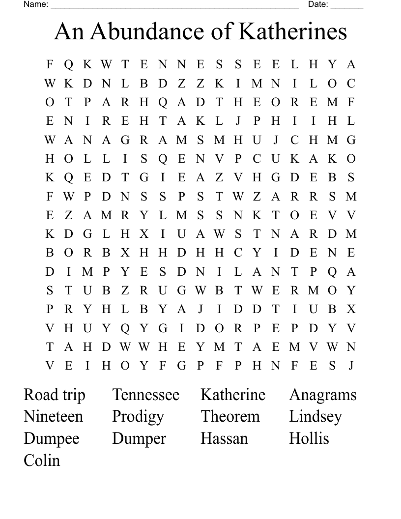 An Abundance of Katherines Word Search