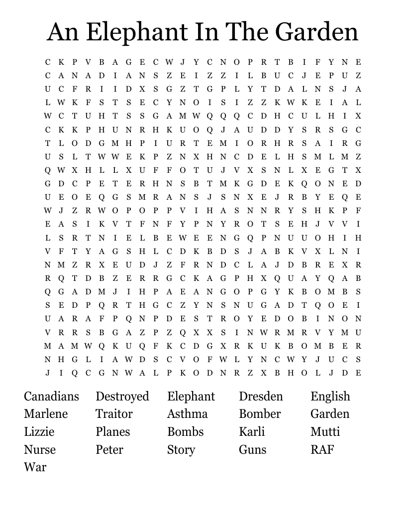 An Elephant In The Garden Word Search