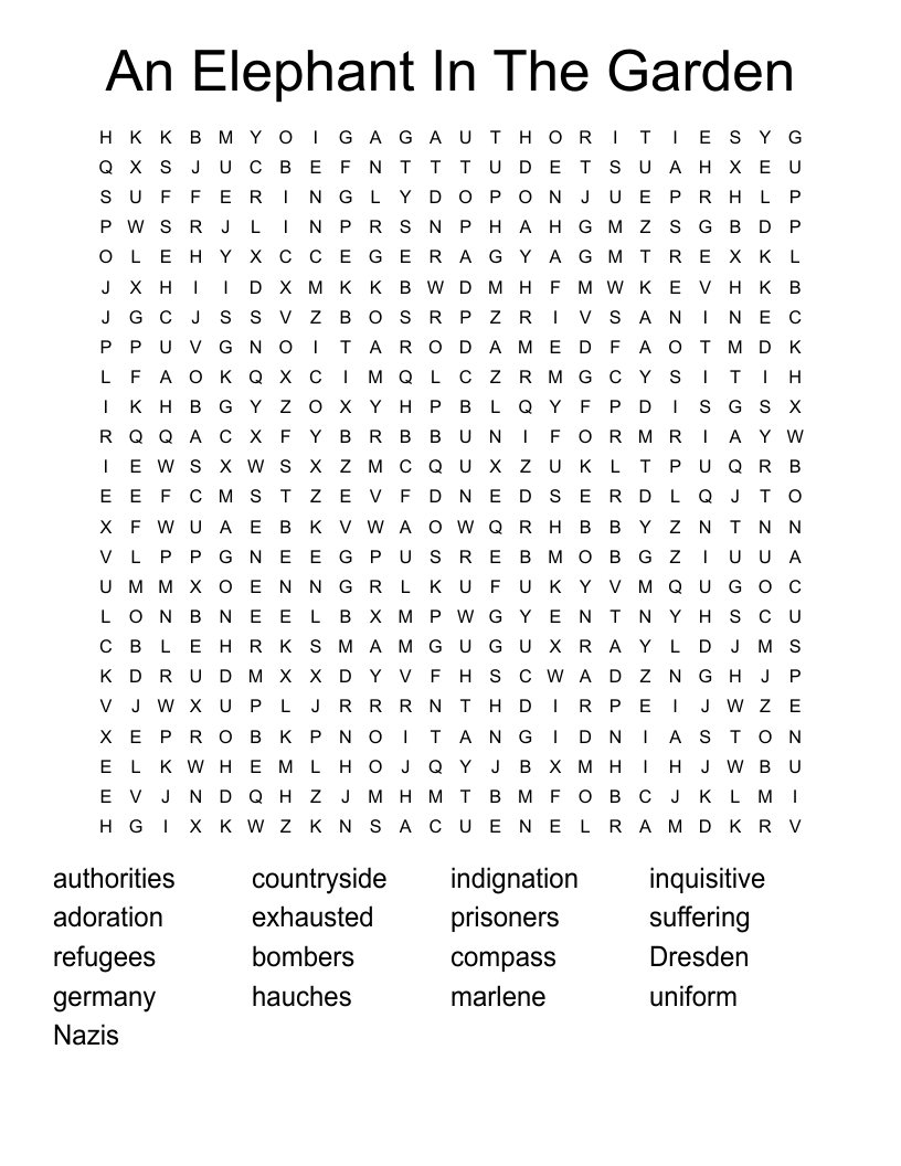 An Elephant In The Garden Word Search
