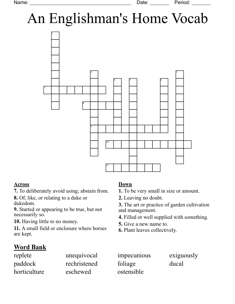 An Englishman's Home Vocab Crossword