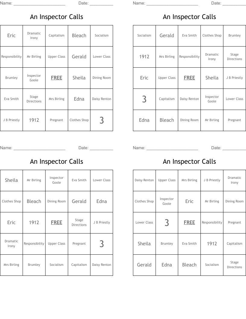 An Inspector Calls Bingo Cards