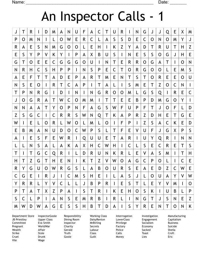 An Inspector Calls - 1 Word Search
