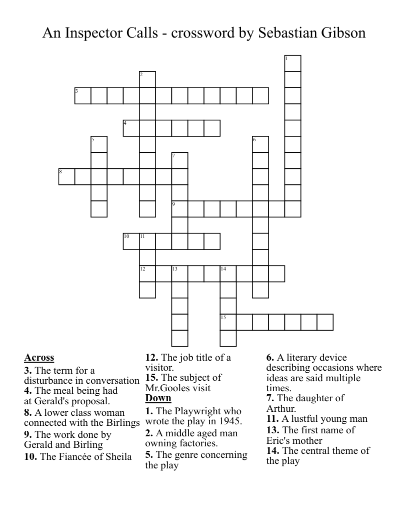 An Inspector Calls - crossword by Sebastian Gibson