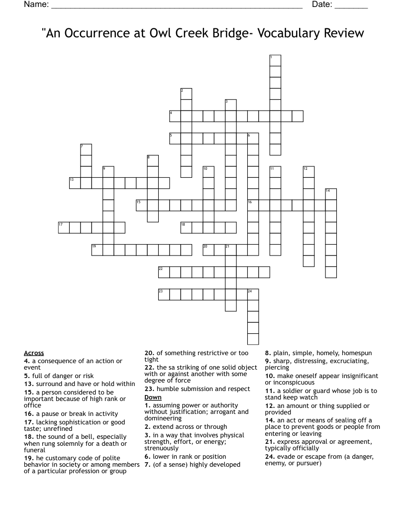 "An Occurrence at Owl Creek Bridge- Vocabulary Review Crossword