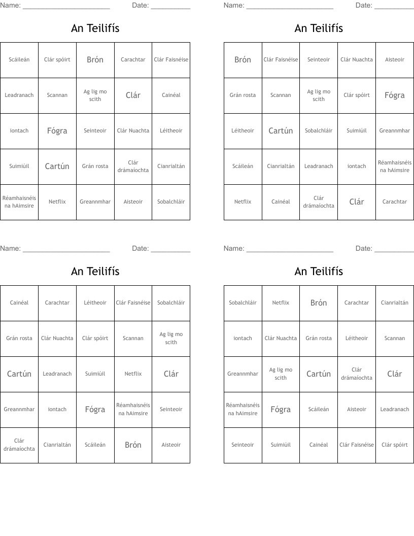 An Teilifís Bingo Cards