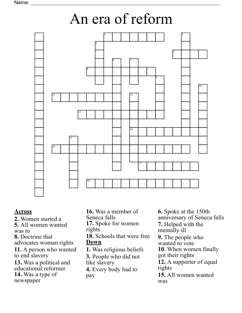An era of reform  Crossword