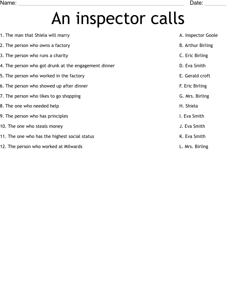 An inspector calls Worksheet