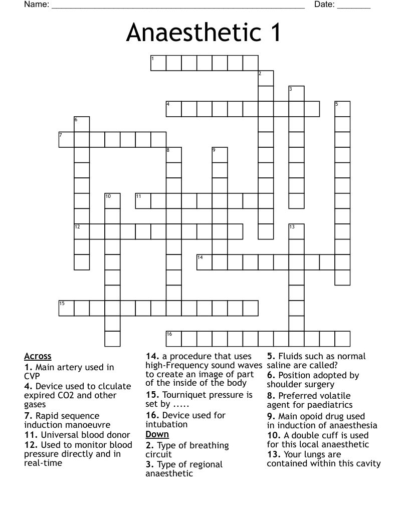 Anaesthetic 1 Crossword