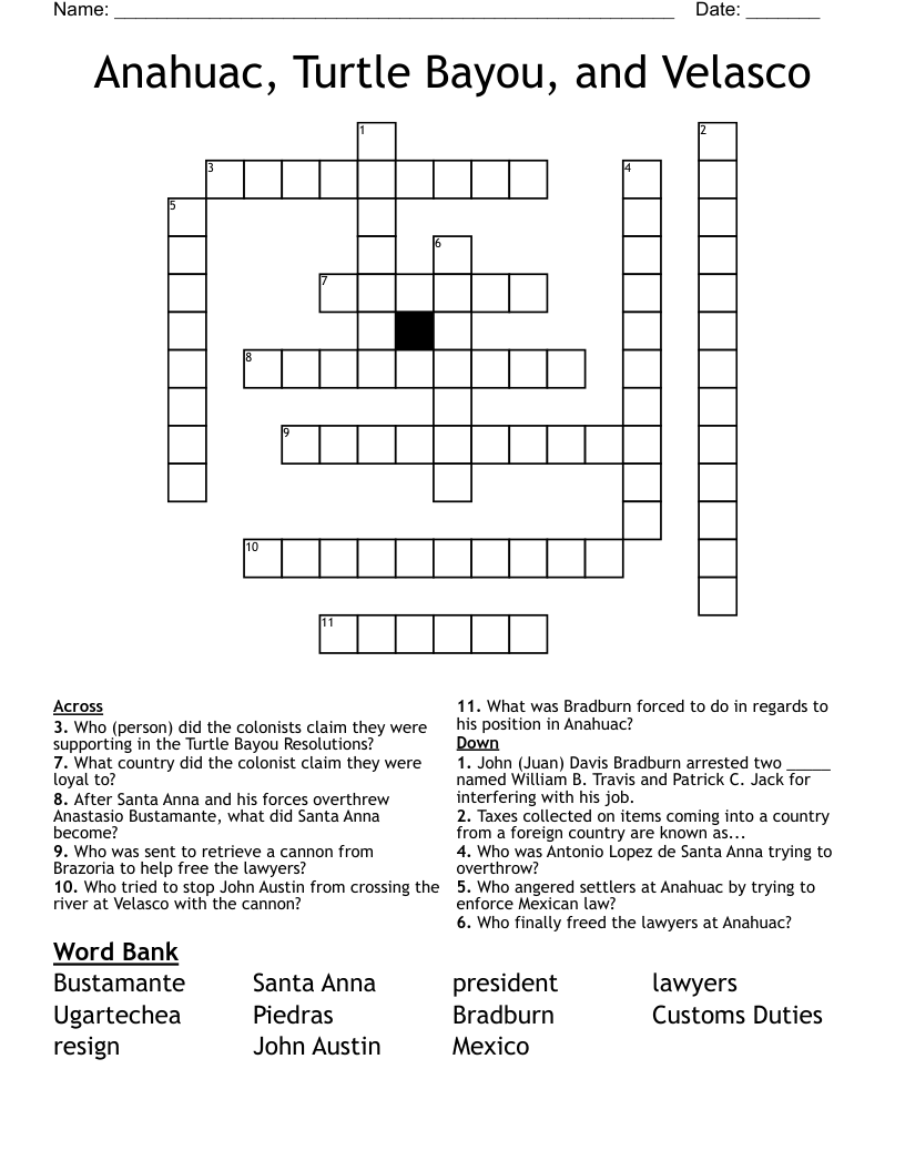 Anahuac, Turtle Bayou, and Velasco Crossword