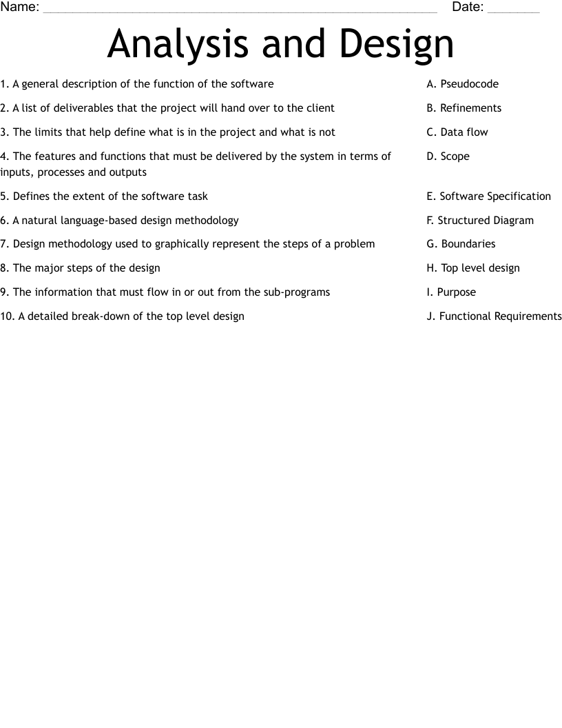 Analysis and Design Worksheet