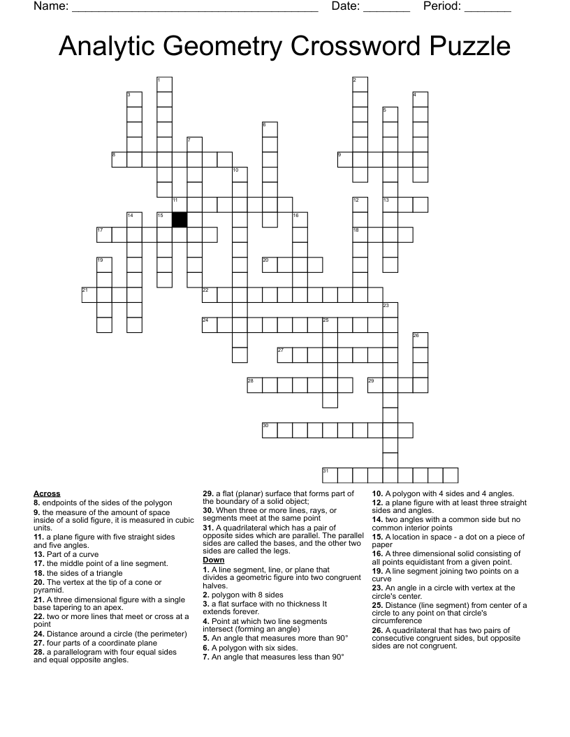 Analytic Geometry Crossword Puzzle