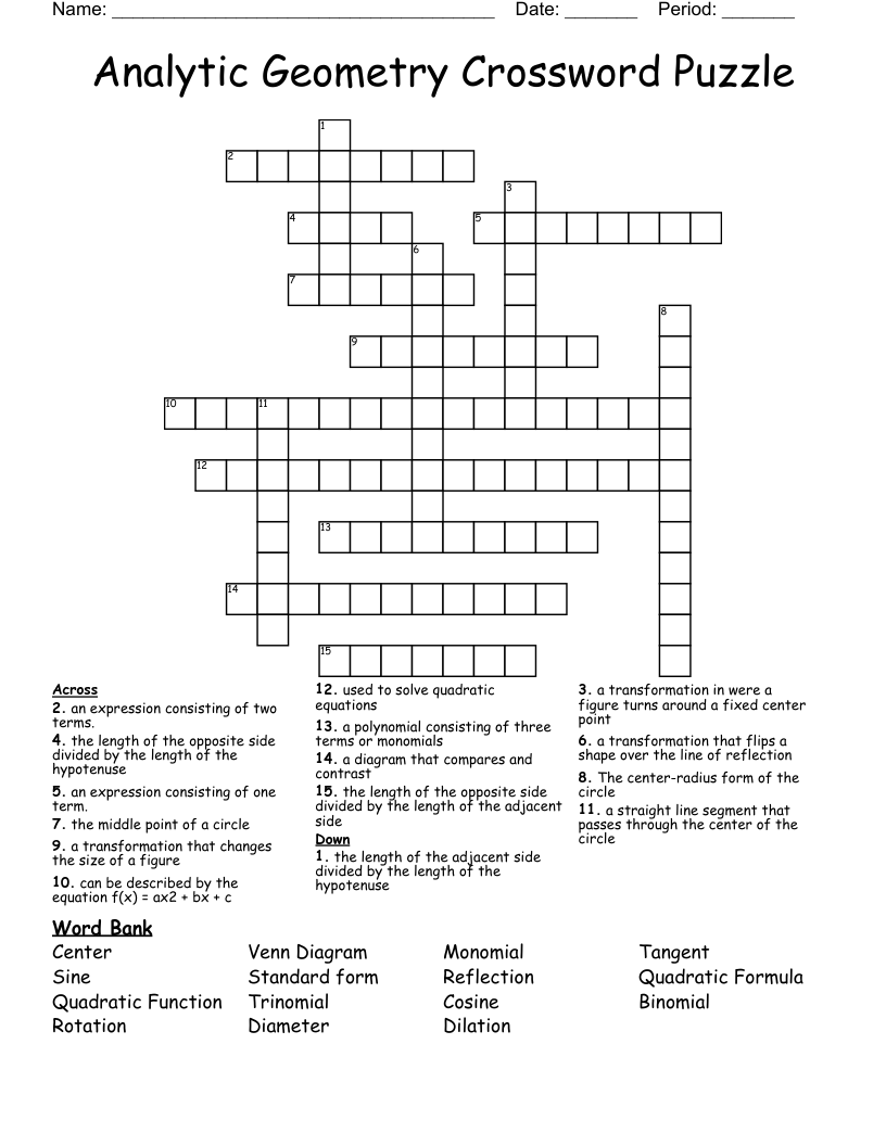 Analytic Geometry Crossword Puzzle