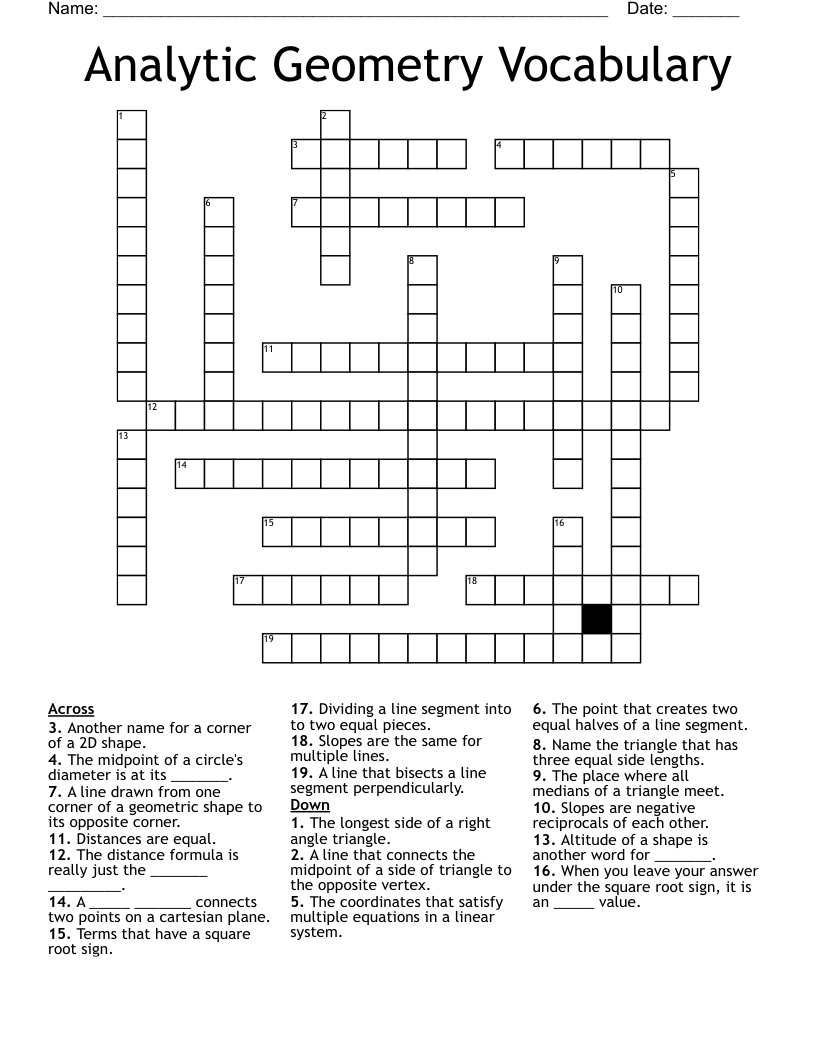 Analytic Geometry Vocabulary Crossword