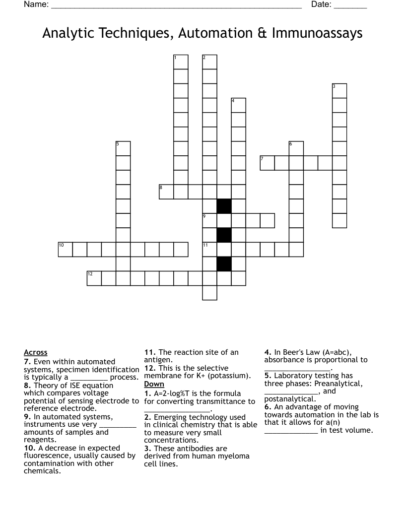 Analytic Techniques, Automation & Immunoassays Crossword