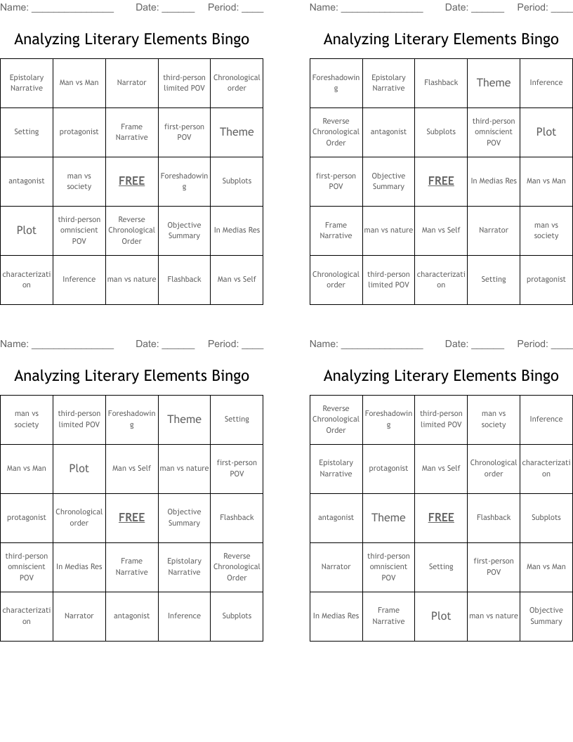 Analyzing Literary Elements Bingo