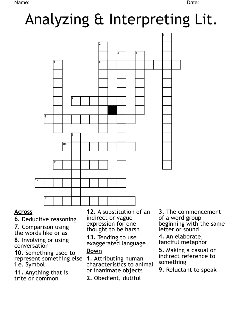 Analyzing & Interpreting Lit. Crossword